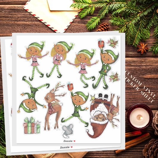 Speelse elfen en dynamische kerstmanposities op ma sticker