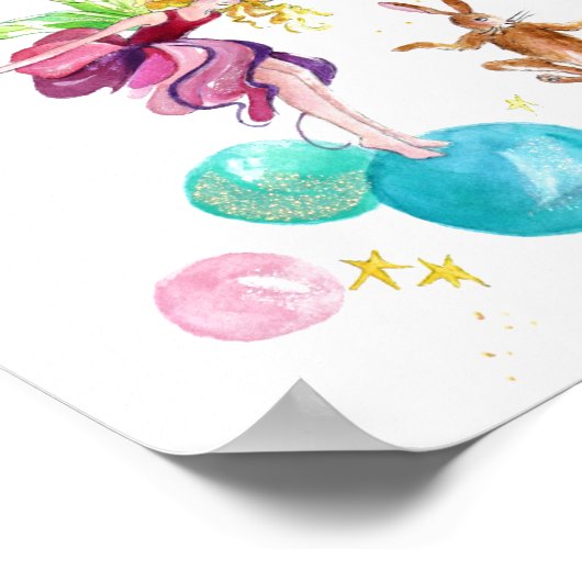 Speelse Fee op Gekleurde Ballen met Konijn Poster (Hoek)