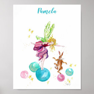 Speelse fee op gekleurde ballen met konijnposter poster