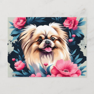Speelse Floral Pekingese hond Briefkaart