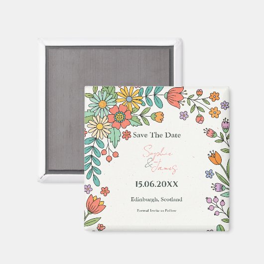Speelse Folk Bloemige Bewaar de Datum Magneet (Voorkant / Achterkant)