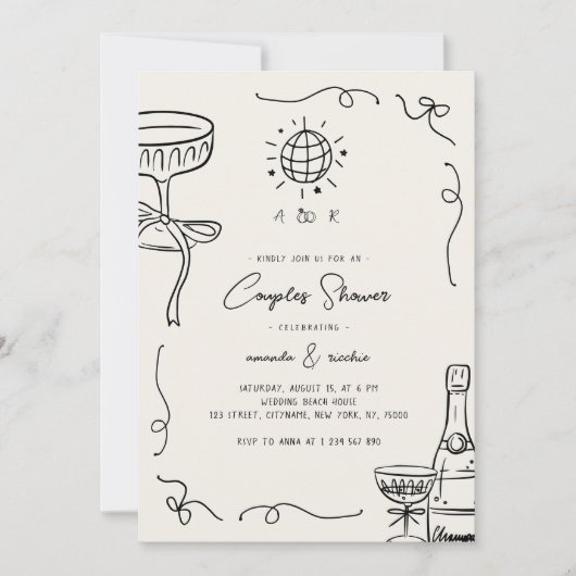 Speelse Franse Fun Handgetekende Koppels Bruispart Kaart (Voorkant)