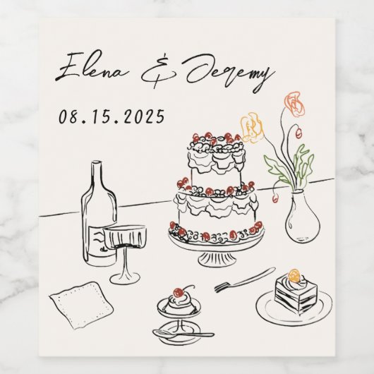 Speelse funky handgetekende wijnlabel voor trouwfe wijn etiket (Enkel label)