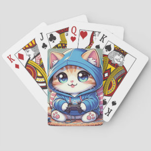 Speelse gamer kat in een gezellige omgeving pokerkaarten