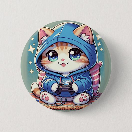 Speelse gamer kat in een gezellige omgeving ronde button 5,7 cm (Voorkant)