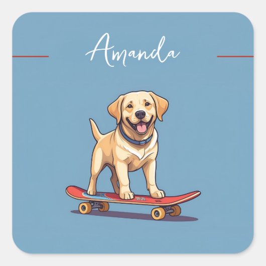 Speelse gele skateboarden Labrador Retriever Vierkante Sticker (Voorkant)