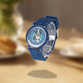 Speelse Gelukkige Zwarte Collie op Blauwe Horloge