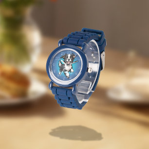Speelse Gelukkige Zwarte Collie op Blauwe Horloge