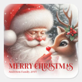 Speelse Gepersonaliseerde Kerstman en Rudolph Kers Vierkante Sticker (Voorkant)