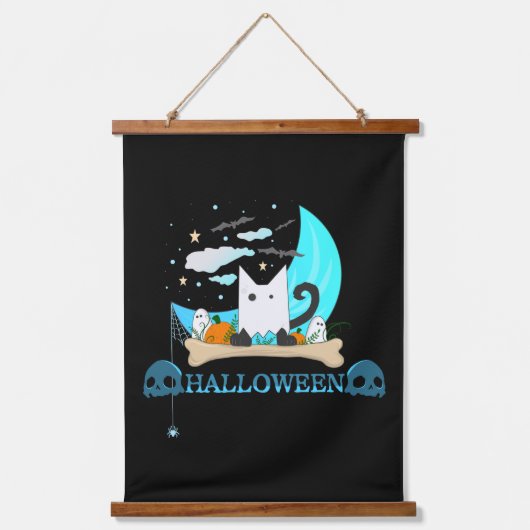 Speelse Ghost Cat Haunts Halloween Nacht Hangend Wandkleed (Voorkant)