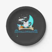 Speelse Ghost Cat Haunts Halloween Nacht Papieren Bordje (Voorkant)