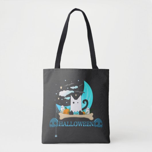 Speelse Ghost Cat Haunts Halloween Nacht Tote Bag (Voorkant)
