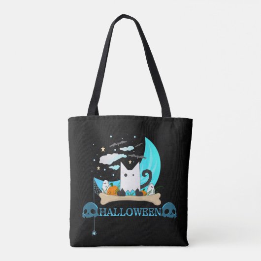Speelse Ghost Cat Haunts Halloween Nacht Tote Bag (Achterkant)