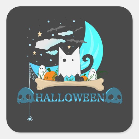 Speelse Ghost Cat Haunts Halloween Nacht Vierkante Sticker (Voorkant)