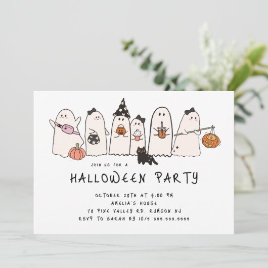 Speelse Ghost Halloween Party Kaart (Staand voorkant)