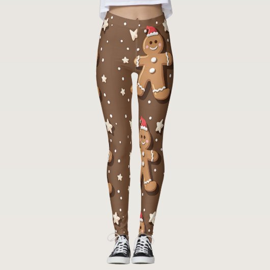 Speelse Gingerbread Man Patroon op Bruin Leggings (Voorkant)