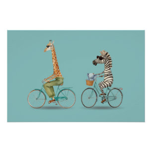 Speelse Giraffe en Zebra Fietsen Poster