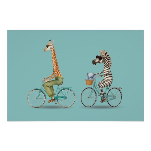 Speelse Giraffe en Zebra Fietsen Poster (Voorkant)