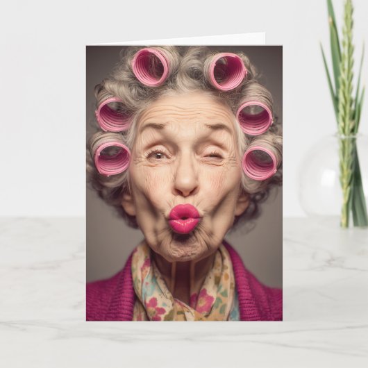 Speelse glamour in roze rollers kaart (Voorkant)