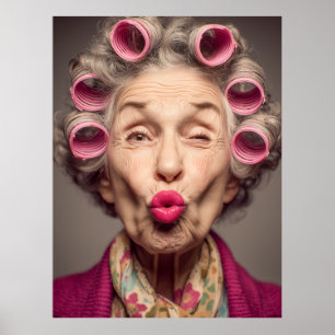 Speelse glamour in roze rollers poster