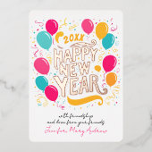 Speelse glamoureuze nieuwjaar kleurrijke ballonnen folie uitnodiging (Voorkant)