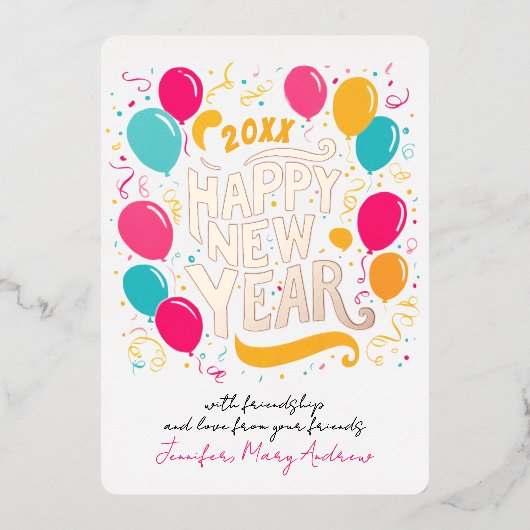 Speelse glamoureuze nieuwjaar kleurrijke ballonnen folie uitnodiging (Voorkant)