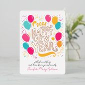 Speelse glamoureuze nieuwjaar kleurrijke ballonnen folie uitnodiging (Staand Voorkant)