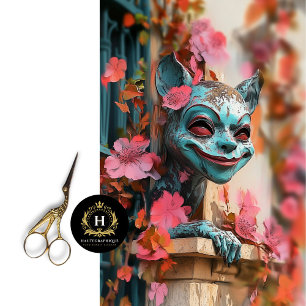 Speelse Gotische Gargoyle Roze Bloemen Decoupage Tissuepapier