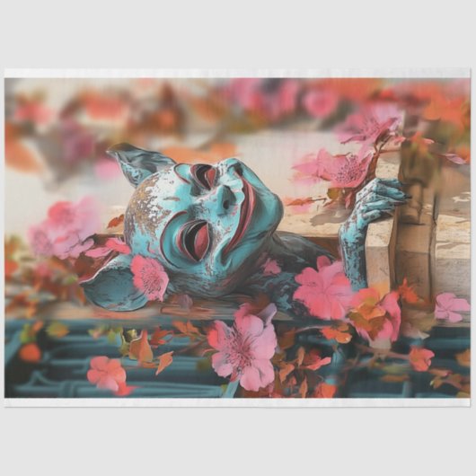 Speelse Gotische Gargoyle Roze Bloemen Decoupage Tissuepapier (Voorkant)