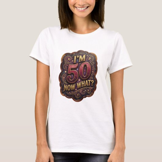 Speelse Goud IK BEN NU 50 WAT Slogan T-shirt (Voorkant)