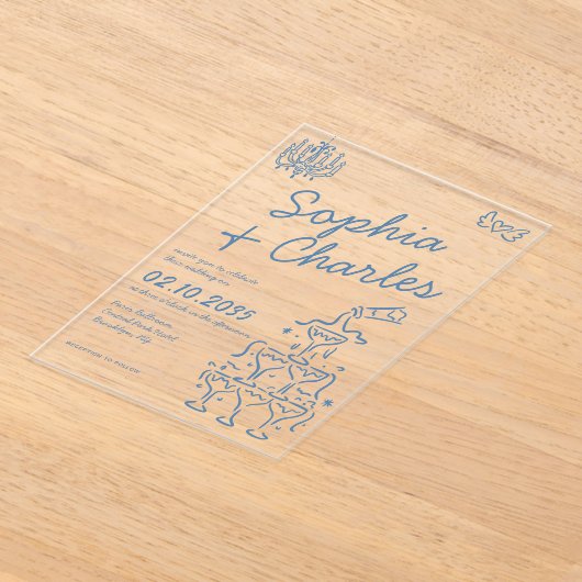 Speelse grillige hand getrokken illustratie bruilo acryl uitnodigingen (Laagn)