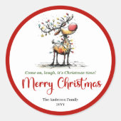Speelse, grillige rendiersticker kerstverlichting ronde sticker (Voorkant)