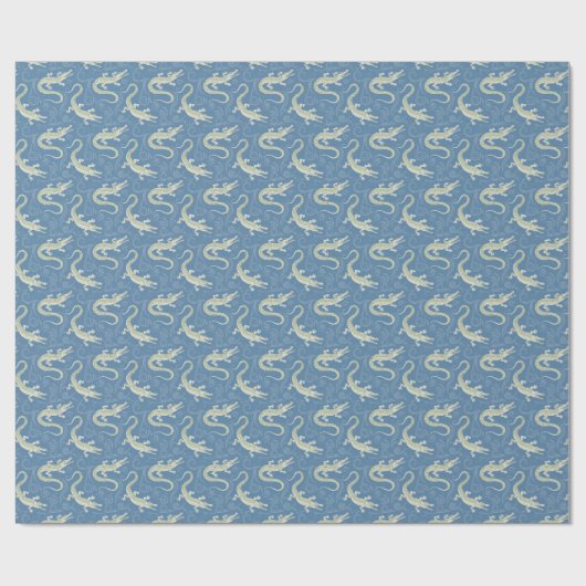 Speelse Groene Alligator Paisley op Blauw Cadeaupapier (Vlak)
