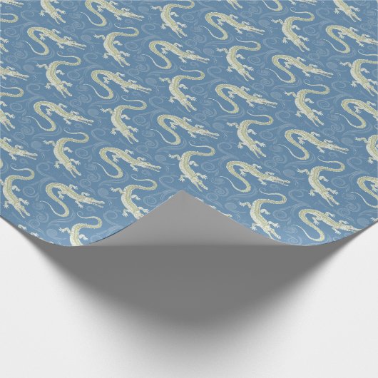 Speelse Groene Alligator Paisley op Blauw Cadeaupapier (Hoek)