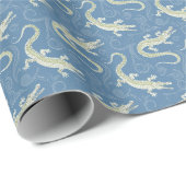 Speelse Groene Alligator Paisley op Blauw Cadeaupapier (Rol Hoek)