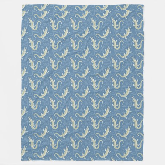 Speelse Groene Alligator Paisley op Blauw Fleece Deken (Voorkant)