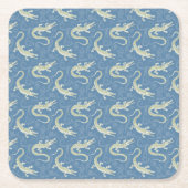 Speelse Groene Alligator Paisley op Blauw Kartonnen Onderzetters (Voorkant)