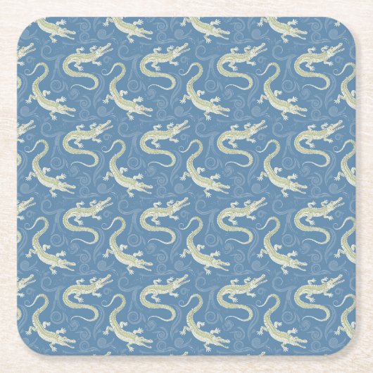 Speelse Groene Alligator Paisley op Blauw Kartonnen Onderzetters (Voorkant)