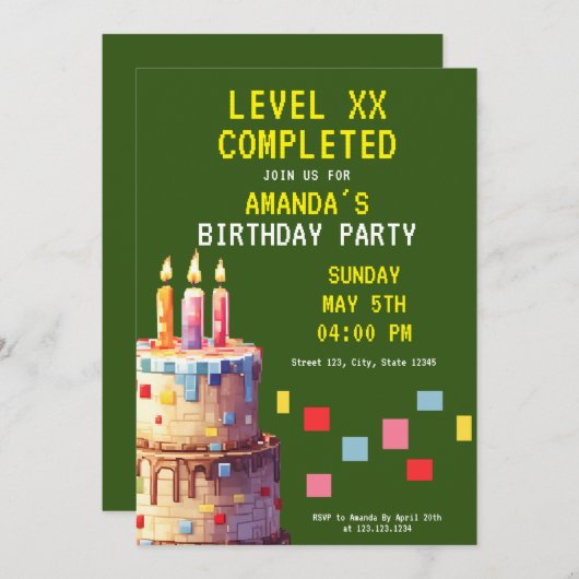 Speelse Groene & Gele Pixel Cake Gamer Verjaardag Kaart (Voorkant / Achterkant)