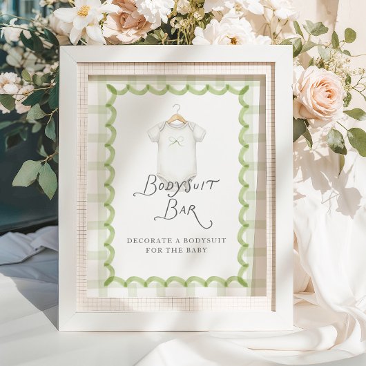 Speelse groene geruite baby shower bodysuit bar poster