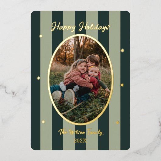 Speelse groene gestreepte fotovakantietkaart folie feestdagenkaart (Voorkant)