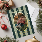 Speelse groene gestreepte fotovakantietkaart folie feestdagenkaart