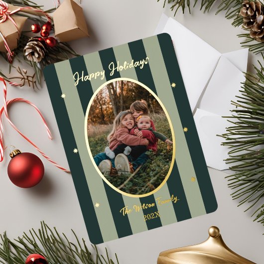 Speelse groene gestreepte fotovakantietkaart folie feestdagenkaart