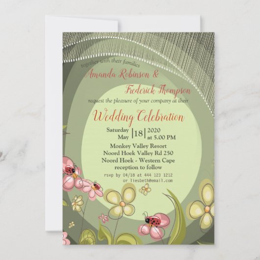 Speelse Groene & Lady-Bird Huwelijksuitnodiging Kaart (Voorkant)