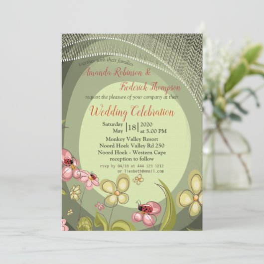 Speelse Groene & Lady-Bird Huwelijksuitnodiging Kaart (Staand voorkant)