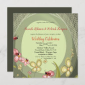 Speelse Groene & Lady-vogel bruiloft Uitnodiging (Voorkant / Achterkant)