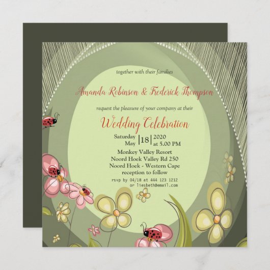 Speelse Groene & Lady-vogel bruiloft Uitnodiging (Voorkant / Achterkant)