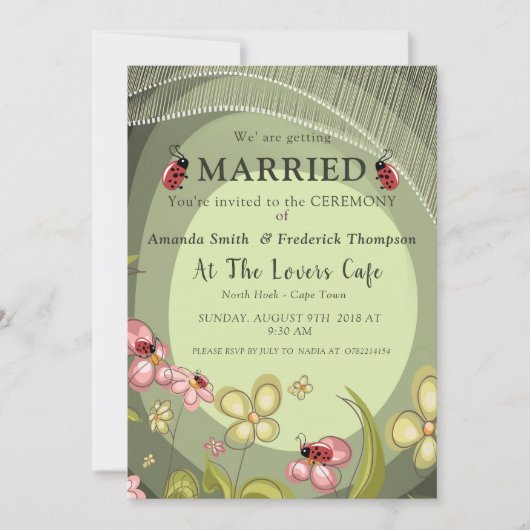 Speelse groene & lieveheersbeestje-huwelijk kaart (Voorkant)