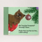 Speelse Groene Schattige Kerstmis Bruine Kat Humor Legpuzzel (Horizontaal)