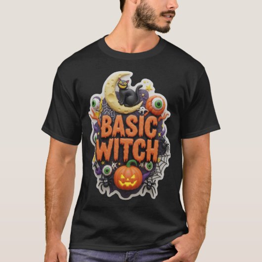 Speelse Halloween Basis Heks illustratie T-shirt (Voorkant)